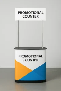 میز کانتر تاج‌دار نمایشگاهی با چاپ اختصاصی برند در غرفه تبلیغاتی
