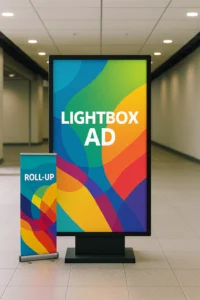 تابلو نور نمایشگاهی با چاپ بک‌لایت روشن و جزئیات کامل محیط نمایشگاه