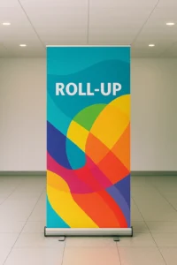 رول‌آپ تبلیغاتی با چاپ باکیفیت در مسیر ورودی سالن نمایشگاهی